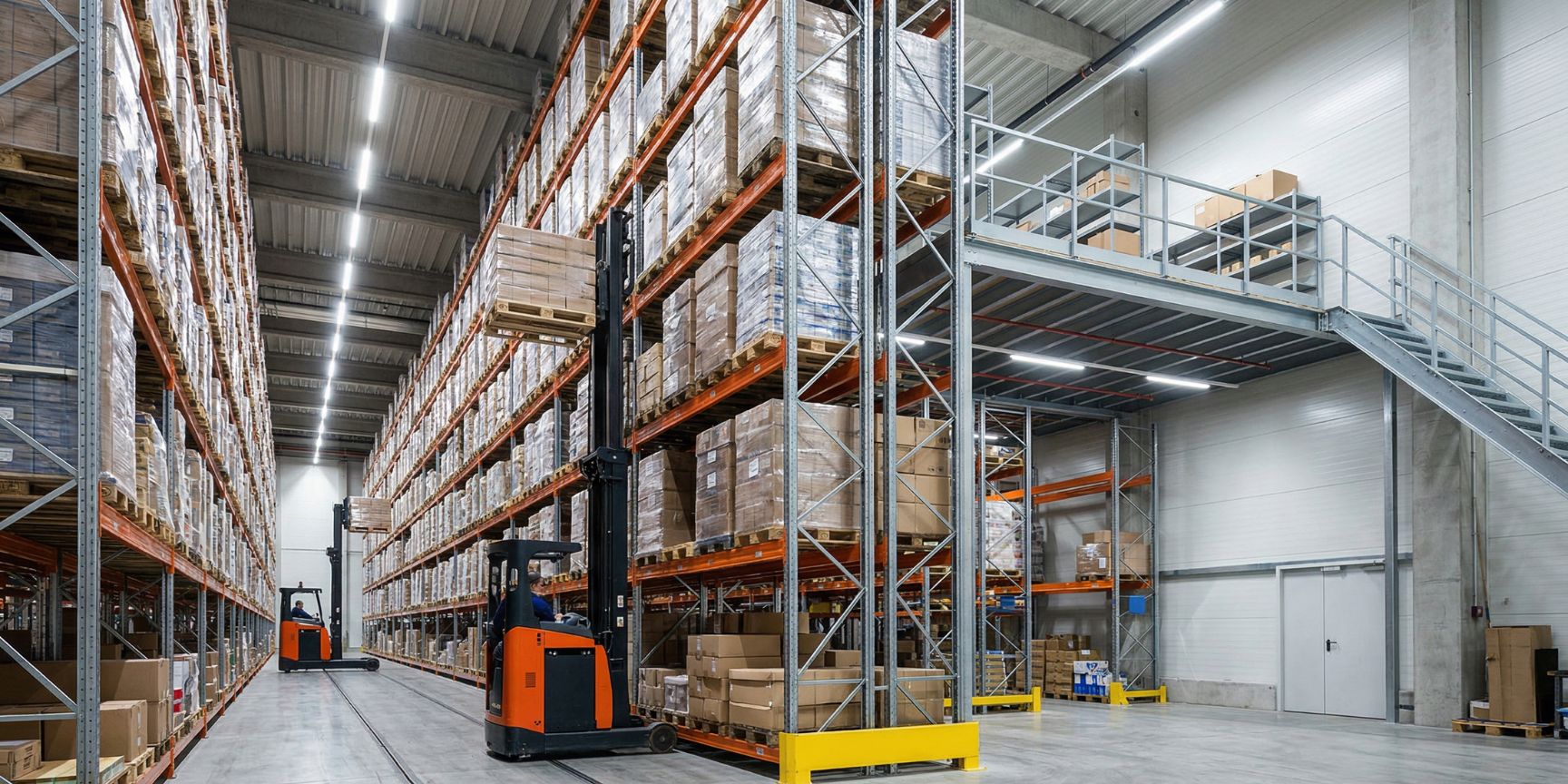 Perspektive aus einem Schmalgang-Lager mit Schmalgangstapler in Aktion, der hohe Regaldichte und Mezzanine-Nutzung für optimierte Netto-Kapazität visualisiert.